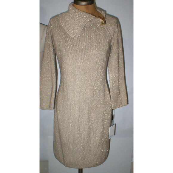 New Womens S Calvin Klein Dress Gold Metallic Sweater Date Long Sleeves Knee Wor - Picture 1 of 12